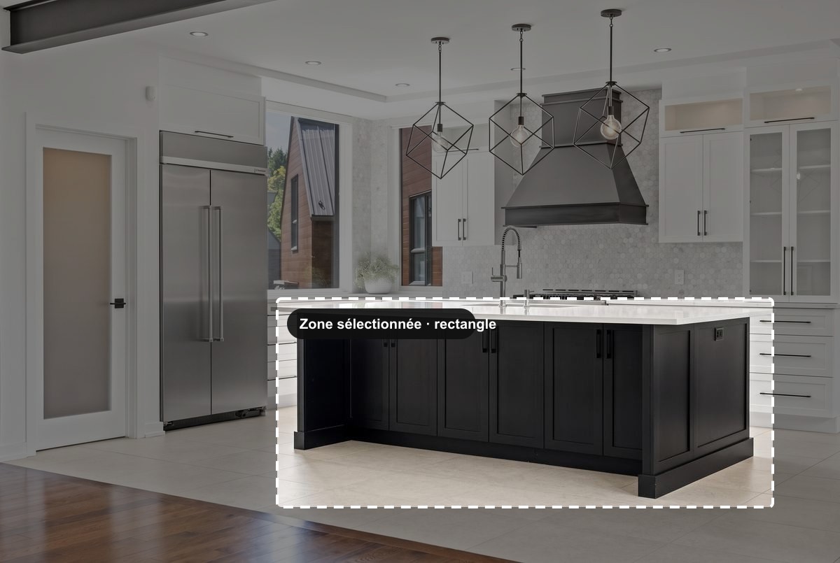Kitchen with the central island selected with the rectangle